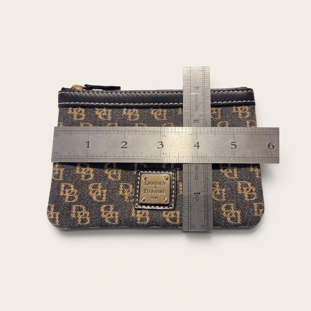 Dooney & Bourke Navy Monogram Denim Zip Pouch Coin Purse Leather Trim